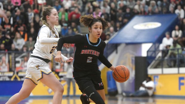 Monterey's Aaliyah Chavez dribbles the ball against Frenship during the big school girls bracket championship of the Caprock Classic, Saturday, Dec. 30, 2023, at Tiger Pit in Wolfforth.